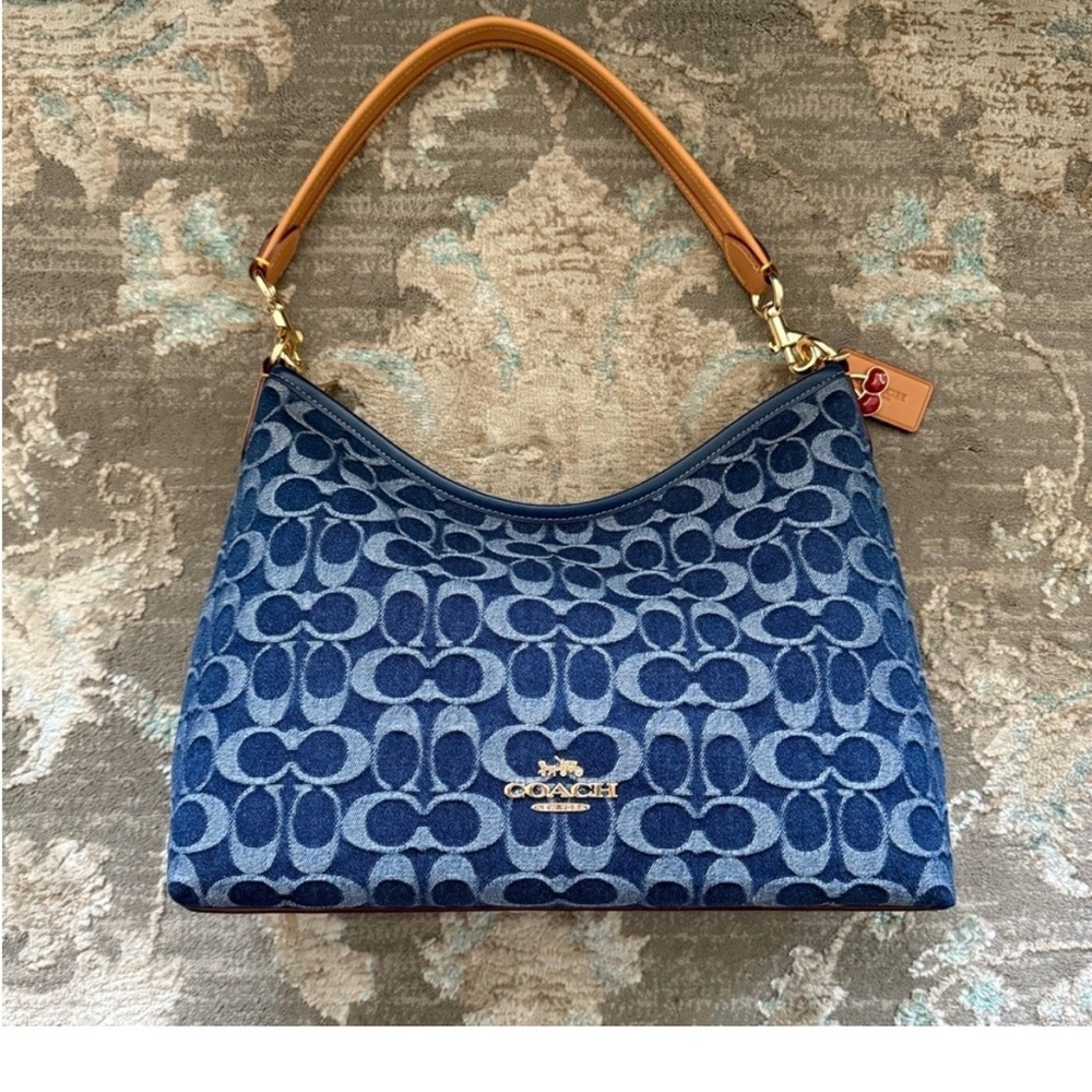 COACH Laurel Shoulder Bag in Signature Denim with Cherry Charm Hang tag